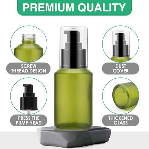 3PCS 60ML/2OZ Empty Green Frosted Glass Bottles with Pump Refillable Vial Cosmetic Dispenser Jars Storage Travel Lotion Container Portable Sample Bottle for Toiletries,Foundation,Cream,Gel,Lotion