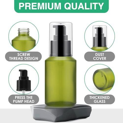 3 Pack 2oz Green Frosted Glass Pump Bottles - Refillable Travel