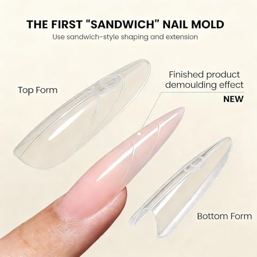 Sandwich Dual Nail Forms 240PCS - Quick Builder Gel Extension Kit, Almond Round Reusable Nail Molds with Guidelines, 15 Sizes for Professional DIY