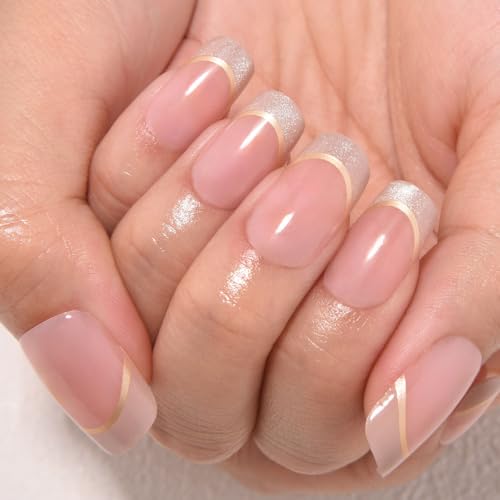 Nude Pink & Gold Line French Tip Press-On Nails Medium Square - 24 Count