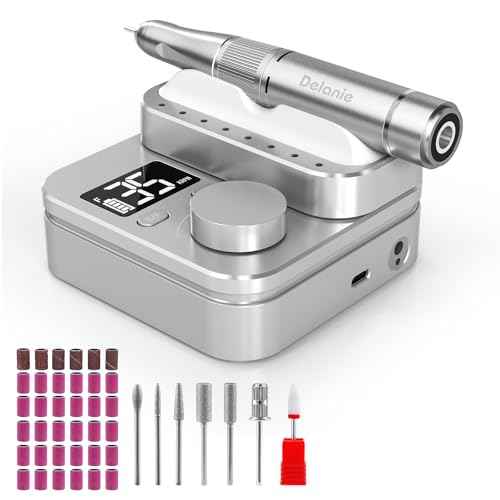 Delanie Electric Nail Drill Machine 35000 RPM, E File for Nails Professional with Magnetic Handpiece Holder, Rechargeable Electric Nail File with 7 bits & 36 Sanding Bands for Manicure Pedicure