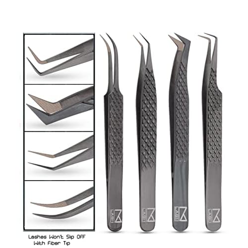 M LASH Tweezers for Eyelash Extensions (Set of 4) - Professional Lash Extension Tweezers - Fiber Tip, Japanese Steel, Diamond Grip Eyelash Extension Tweezer set (Black)