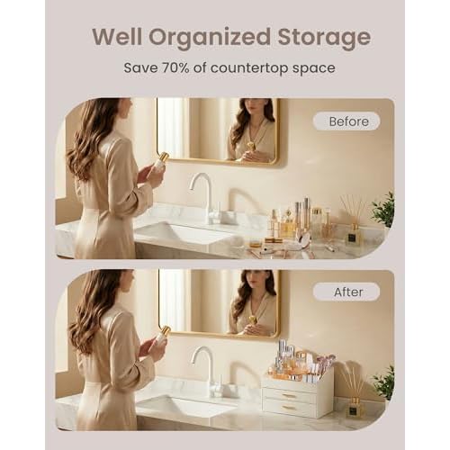 Lolalet Makeup Organizer for Vanity Desk, 3-Layer PU Leather Luxury Make Up Storage Cosmetics Holder Box with Drawers -Cream