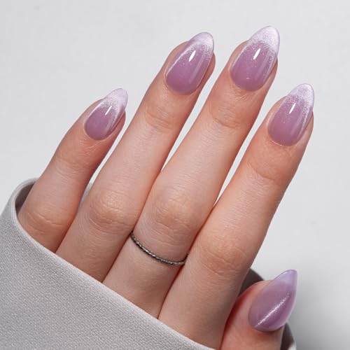 VSALON Press On Nails Short Almond Lavender Purple Cat Eye Design, 32 Pcs in 16 Sizes, Reusable Nail Kit with Long-Lasting UV Glue, Adhesive Tabs, Nail Glue & Nail Lamp