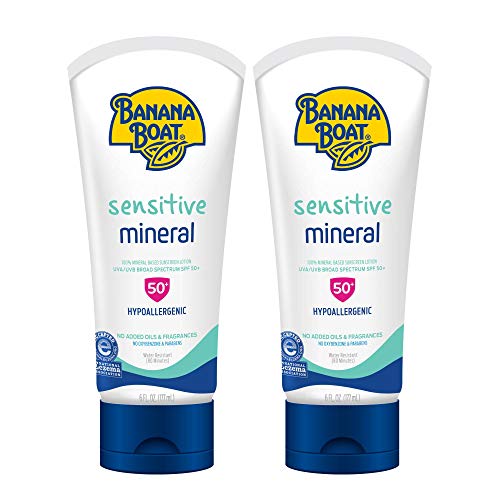 Banana Boat Sensitive 100% Mineral Sunscreen Lotion SPF 50 Twin Pack | Body Sunscreen, Sensitive Skin Sunblock, Oxybenzone Free Sunscreen, Banana Boat Mineral Sunscreen SPF 50, 6oz each