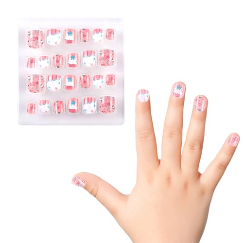 Kawyehu Kids Press on Nails Short Almond Children Fake Nails Artificial Nail Tips Adhesive Full Cover Short False Fingernails for Girls Kids Nail Decoration (Summer Flower-B)