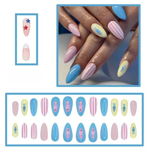 24 Pcs Summer Press On Nails - Medium Almond with Ocean Fish Design