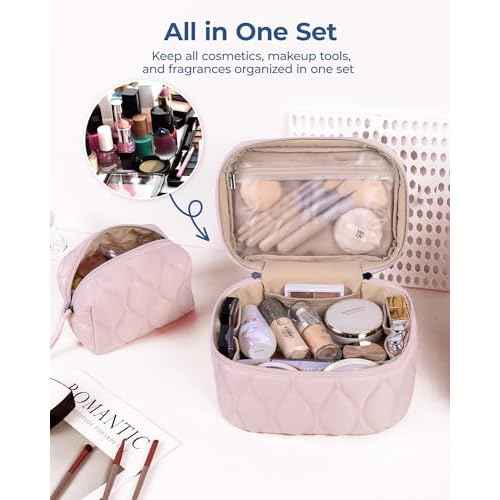 BAGSMART Travel Makeup Bag, 2-Piece Puffy Quilted Cute Make Up Bag Cosmetic Bags for Women, Large Wide-Open Toiletry Pouch Gifts for Toiletries Accessories Travelling Essentials, Pink