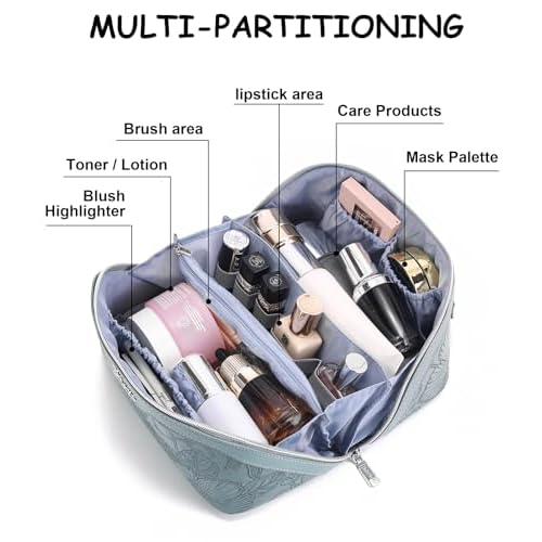 BOYATU Travel Makeup Bags Cosmetic Organizer Bag: 3 Pcs Set Large Capacity Floral Make up Bag with Compartments - Waterproof Leather Toiletry Bags with Handle for Women (01-Light Blue)