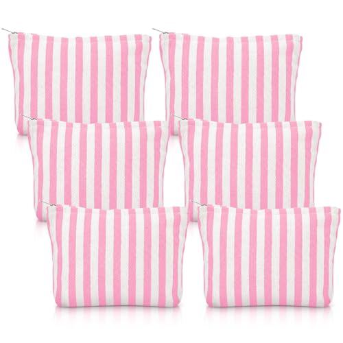 6-Piece Pink Striped Makeup Bag Set - Canvas Travel Toiletry Pouch
