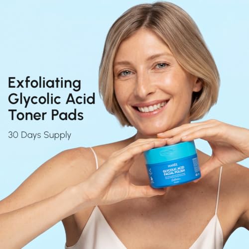 MAREE Glycolic Acid Toner Pads - Exfoliating Face Pads for Clear Skin, 50 Count, Blue