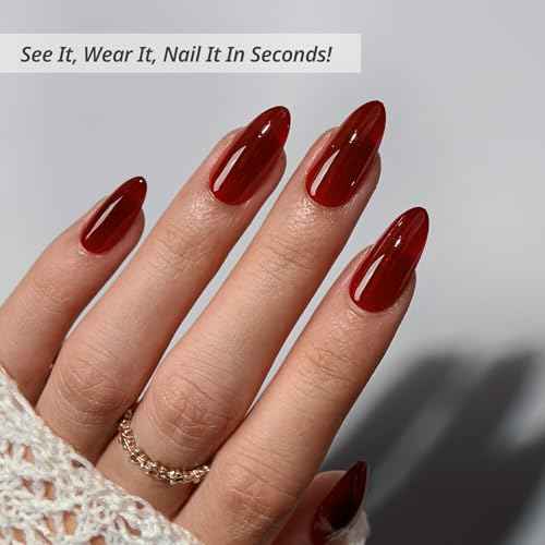 BTArtbox Press On Nails Almond - Lamp-Curable Dark Red Medium Press On Nails with Glue for Women, Semi-Transparent Soft Gel Glue On Nails in 15 Sizes - 30 Stick On Nails Kit, Blackout