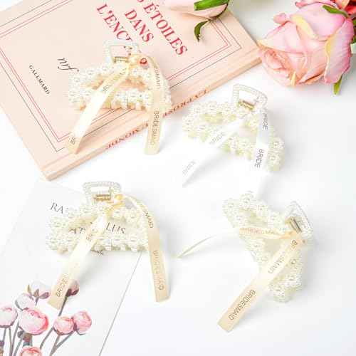 DEEKA Bridesmaid Proposal Gifts 8 Pack Pearl Bridesmaid Hair Claw Clips with Ribbon 3 Inch Hair Clips Bachelorette Party Favors Bridal Party Present Hair Accessories (Half Circle White&Champagne)