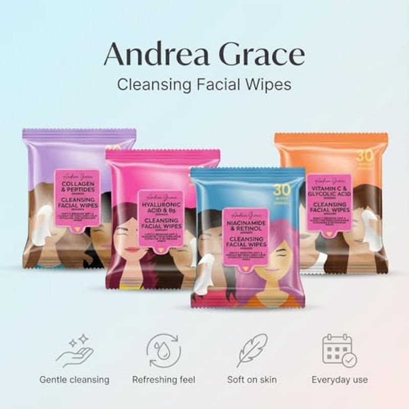 Andrea Grace Cleansing Face Wipes - 4 Pack Makeup Remover with Collagen & Peptides