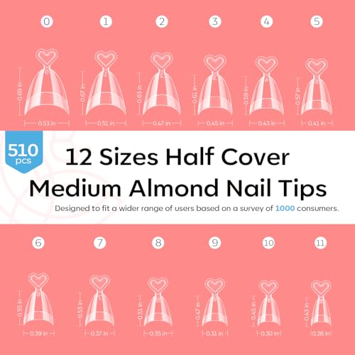 Modelones Medium Almond Half Cover Nail Tips 510pcs – Natural Fit & Durable Fake Press-On Nails