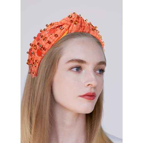 Thanksgiving Headband Fall Headband for Women Enamel Pumpkin Crystal Knotted Head Band Jeweled Tweed Top Knot Head Band Autumn Ooutfit Accessories (Pumpkin)