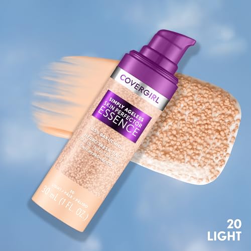 Covergirl Simply Ageless Skin Perfector Essence Foundation, 20 Light, Tinted Skincare Makeup Hybrid, Sheer Tint, Radiant Finish, Glowy Finish, Vegan Formula, 1.0oz
