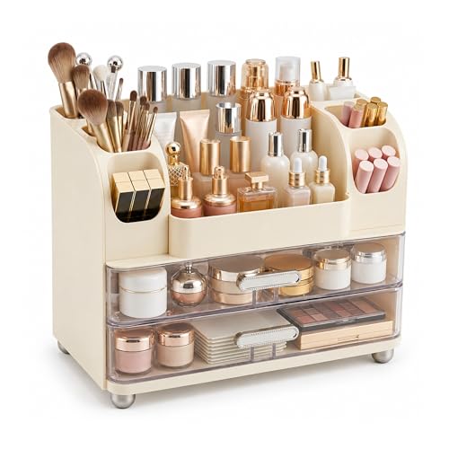 Large Makeup Organizer with 2 Clear Drawers, No Assembly