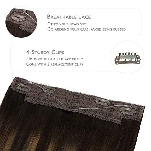 WENNALIFE Wire Hair Extensions (Increase 50% Lifespan) Real Human Hair 14 inch 75g Balayage Dark Brown to Chestnut Remy Invisible Transparent Fish Line