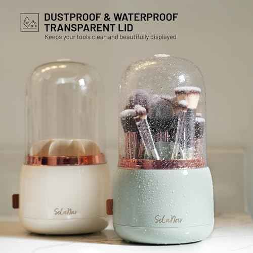 Rotating Makeup Brush Holder with Lid ? Dustproof Vanity Organizer for Makeup Brushes, Bonus Foldable Makeup Brush Cleaner Bowl Included, Elegant White Storage Solution