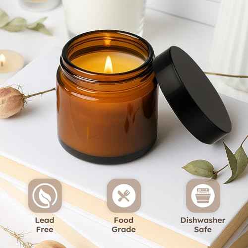 4 oz Glass Jars with Lids, 4 Pack Amber Glass Jars with Black Lids Leakproof Round Airtight Empty Cosmetic Travel Containers with Inner Liners For Lotions Powders and Candle Making