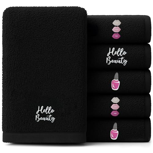 RIVERSIDE Black Makeup Towels - Pack of 6 (13x13) Soft Cotton Makeup Washcloths for Face - Reusable, Quick-Dry Makeup Remover Towels for Bathroom, Spa & Salon - Gentle on Skin - Hello Beauty