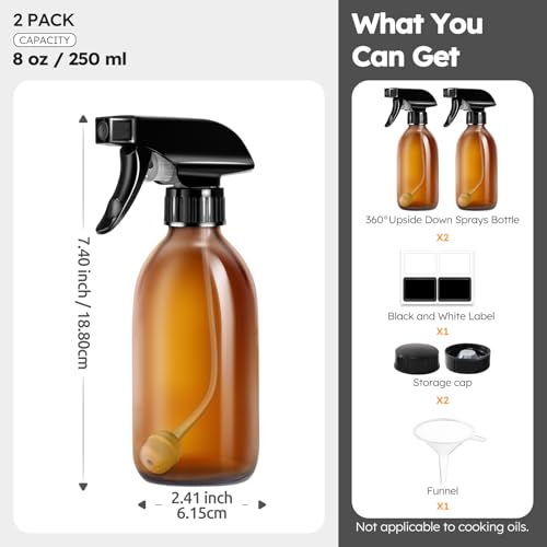Amber Glass Spray Bottles 8oz, 2 Pack with 360° Adjustable Nozzle