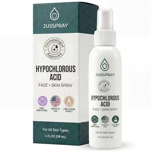Jusspray¢â Hypochlorous Acid Spray for Face and Skin | HOCI Facial Cleanser Mist | 4 oz Hypochlorous Acid for Face, Skin, Acne, Eczema, Body Acne Sprays, Piercing Aftercare, Wound Solution