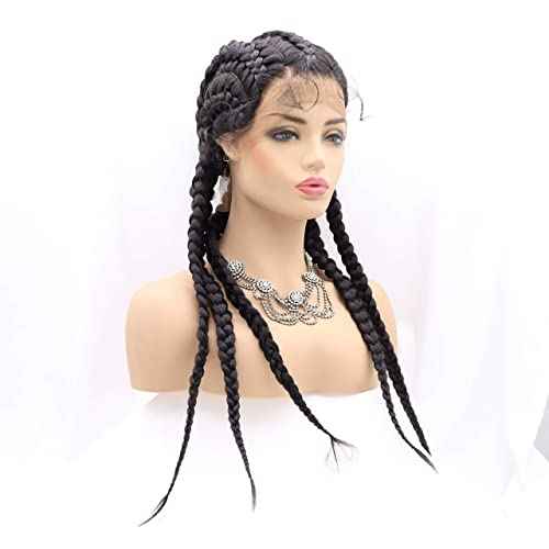 Xiweiya Long Black Braided Wig with Baby Hair Highlight 1B# Black Hair Synthetic 360 Full Lace Wig 5 Braids for Women,Drag Queen Makeup Christmas Party 24 Inches
