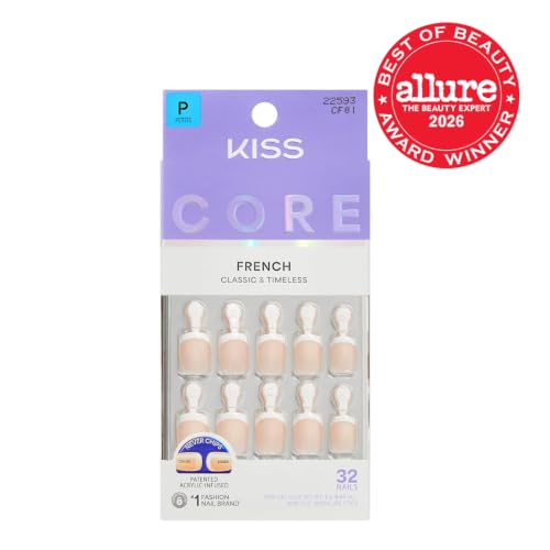 KISS Core Perfection Petite Press On Nails with Glue Included, White Squoval (32 Nails) - 2g Glue, Mini File & Stick