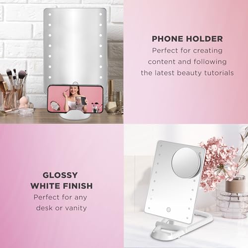 Conair Lighted Makeup Mirror, LED Vanity Mirror, 1X/10X Magnifying Mirror with Phone Holder, Battery Operated in Glossy White