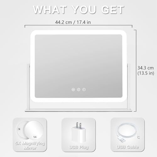HIEEY Vanity Mirror with Lights, Lighted Makeup Mirror, Three Color Lighting Modes, and 5X Magnification Mirror, Smart Touch Control, 360¡ÆRotation (17.4" x 13.5" White,Gift Box)