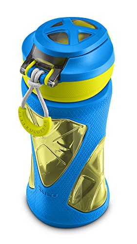 Zulu Torque 16oz Plastic Kids Water Bottle with Silicone Sleeve and Leak-Proof Locking Flip Lid and Soft Touch Carry Loop for School Backpack, Lunchbox, Outdoor Sports, BPA-Free Dishwasher Safe, Gray, Blue