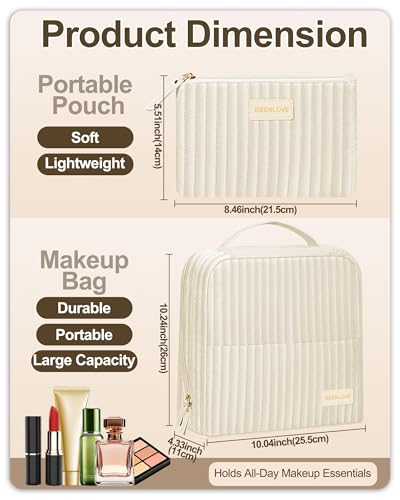 BEENLOVE Beige Standing Makeup Bag with Fold-Down Mirror & Customizable Compartments - Velvet Cosmetic Organizer for Travel & Makeup Storage