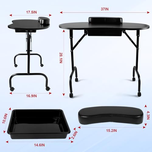 37" Portable Manicure Table with Lockable Wheels & Storage