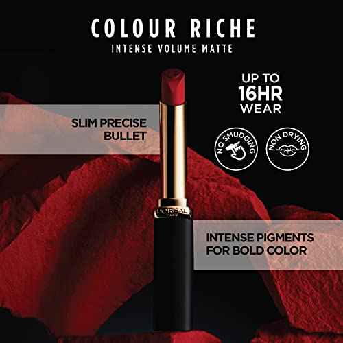 L'Oreal Paris Colour Riche Intense Volume Matte Lipstick, Lip Color Infused with Hyaluronic Acid for up to 16hr All Day Comfort, Le Carmin Courage, 0.06 oz