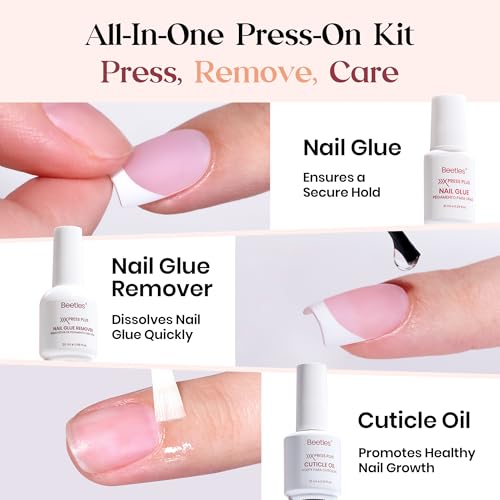 Beetles X Press Plus Gel Nails Kit | Pink French Tip Press On Nails Short Square | 15 Sizes 150Pcs All-in-One Kit With Nail Glue,Remover,Builder Top Coat,Nail Lamp Gift For Women