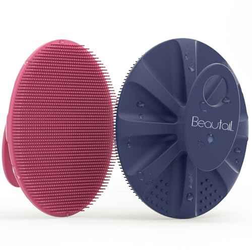 Silicone Body Scrubber 2 Pack, BEAUTAIL Shower Bath Wash Brush, Gentle Exfoliating Scrub Cleansing Loofah for Women Men Baby Sensitive Skin, Easy to Clean, Lather Nicely, More Hygienic, Pink+Blue