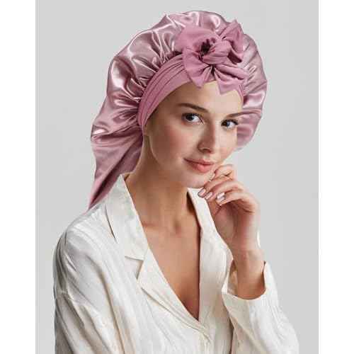 AWAYTR Long Hair Bonnet for Sleeping - Double Layer Long Elastic Tie Band Satin Bonnet for Women with Sleep Eye Mask (Rose Gold)