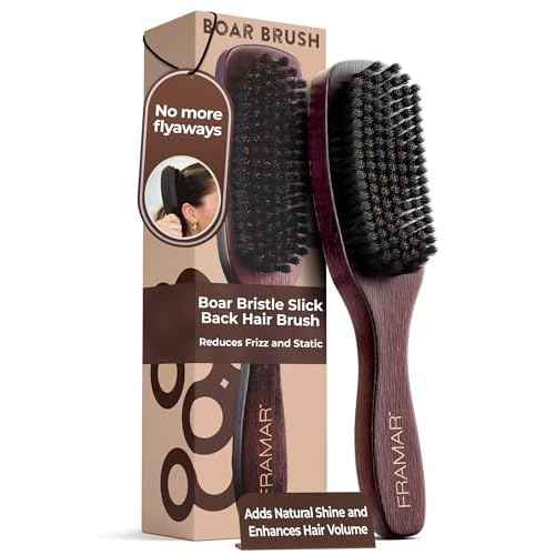 FRAMAR Slick Back Hair Brush Boar Bristles ? Slick Back Brush, Smoothing Hair Brush For Women, Boar Bristle Hair Brush For Fine Hair, Slickback Brush For Volume and Shine - Brown Velvet
