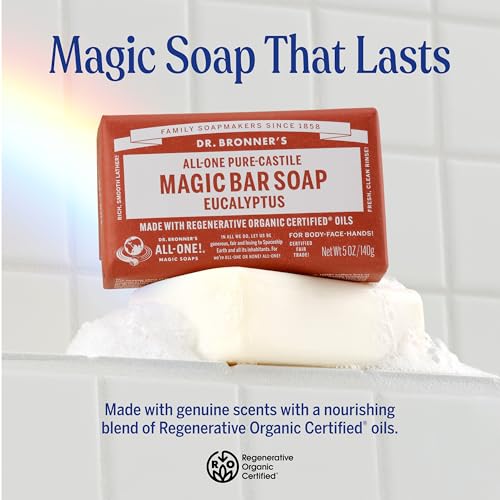 Dr. Bronner's Pure-Castile Magic Bar Soaps (Eucalyptus, 5oz, 12-Pack) ? Made with RegeOrganic Oils, Soap Bars for Men & Women, Gentle for Face & Sensitive Skin, Vegan, Cruelty-Free, Non-GMO