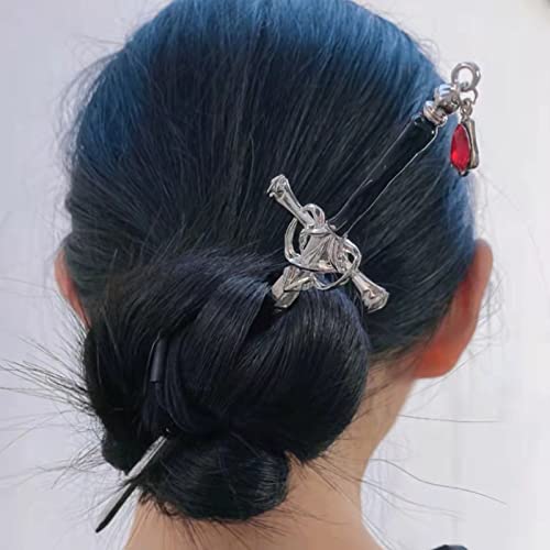 Hair Chopsticks,Comics Chinese Style Hair Pin Cute Hair Sticks for Bun with Tassel Red Gem Hair Accessories for Women Girls Long Hair,Style1 One Size