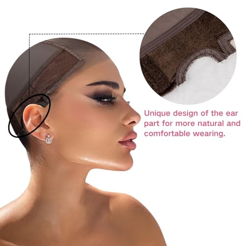 Lace Wig Grip Cap Women: 4x5 Transparent Swiss Lace Area - Non-slip Wig Gripper for Keeping Wigs Lace Front In Place - Stocking Dome Cap with Built In Elastic Headband (Medium Brown)