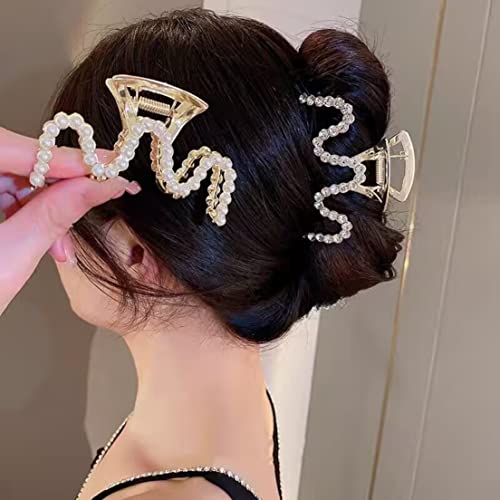 Rhinestone Hair Clips, Textention 3.4 Inch Pearl Claw Clips for Thick Hair, Crystal Metal Hair Jaw Clamps Fashion Hair Accessories for Women Bride Bridesmaid (2 Pack)