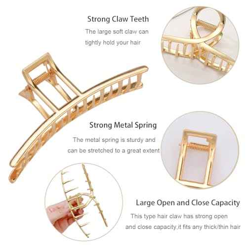 4 Pack Large Metal Hair Clips for Thin to Thick Curly Hair, 4.3 Inch Big Nonslip Gold Color Clamps, Perfect Fashion Jaw Claw Hair Styling Accessories for Women and Girls, Christmas Gifts
