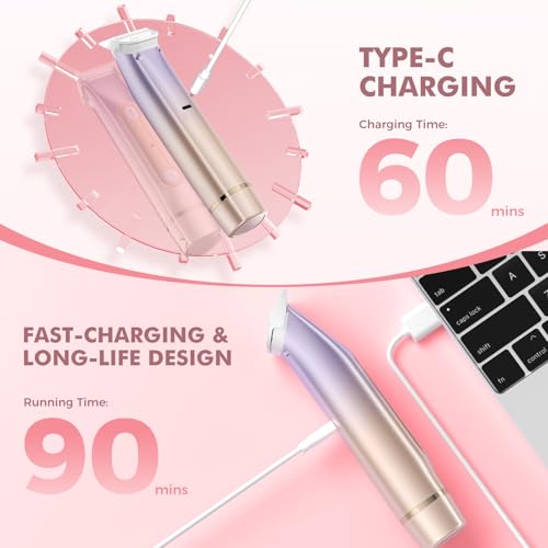 Bikini Trimmer for Women: 2-in-1 Electric Razor for Pubic Hair & Body, IPX7 Waterproof Cordless Shaver for Sensitive Skin, Professional 10,000 RPM Rechargeable Groomer for Face, Legs (Rose Gold)
