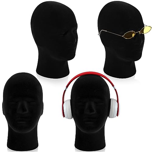 Barydat 4 Pcs Black Mannequin Head Stand Model Male Wigs Display Model Velvet Foam Mask Display Stand Headsets Mount Manikin Head or Wig Hat Glasses