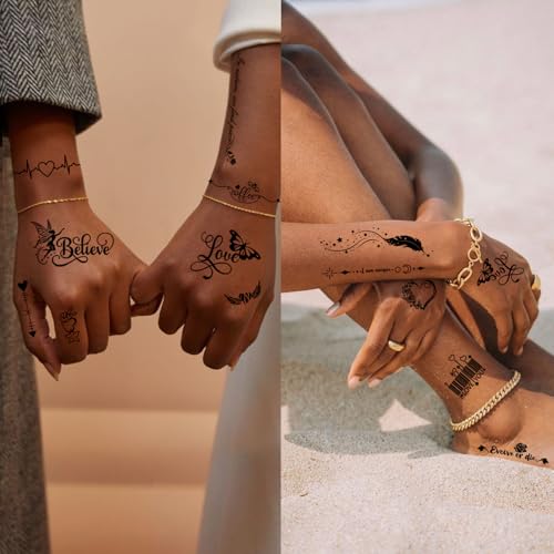 350 PCS Small Finger Temporary Tattoo for Women- butterfly Flower Rose Letter Realistic Black Fake Tiny Tattoos Waterproof Long Lasting Tattoos Stickers Sexy Tattoo for Adults