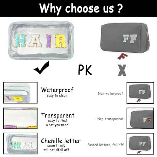 Chenille Letter Clear Makeup Bag Stuff Patch, Travel Toiletry Makeup Bag with Handle, Nylon Waterproof Makeup Bags clear cosmetic bag, preppy patch makeup bag for Women (STUFF-Black)