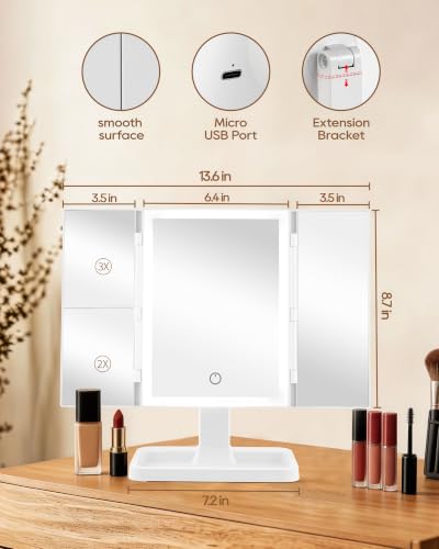 White Rectangular Trifold Vanity Mirror with Lights, 8.7"L x 13.6"W, Dimmable LED & Magnification